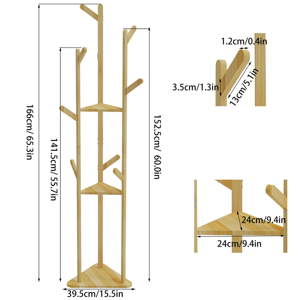 Bamboo Corner Coat Rack with Shelves Freestanding Clothes Hanger Tree Stand with 9 Hooks – Natural Wood