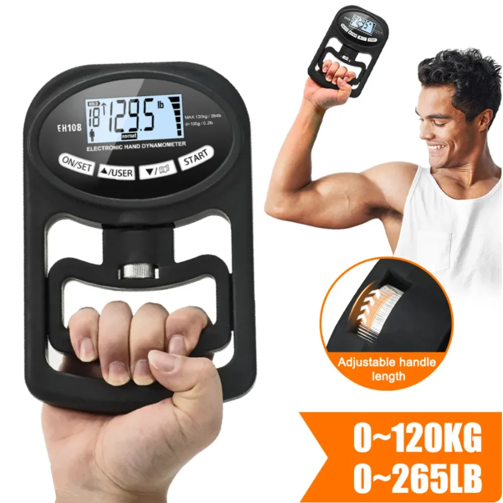 Grip Strength Tester Digital Hand Dynamometer 120kg Capacity LCD Display USB Rechargeable - Black
