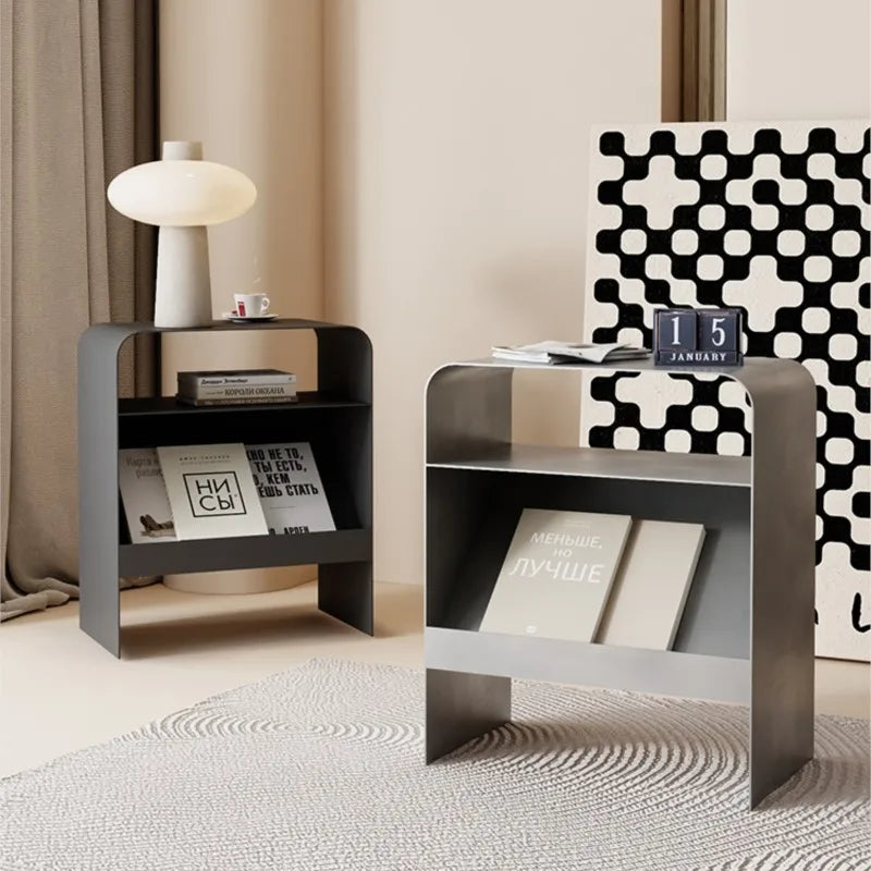 Side Table Iron Frame Built In Storage Rack Compact Bedside Table – Silver