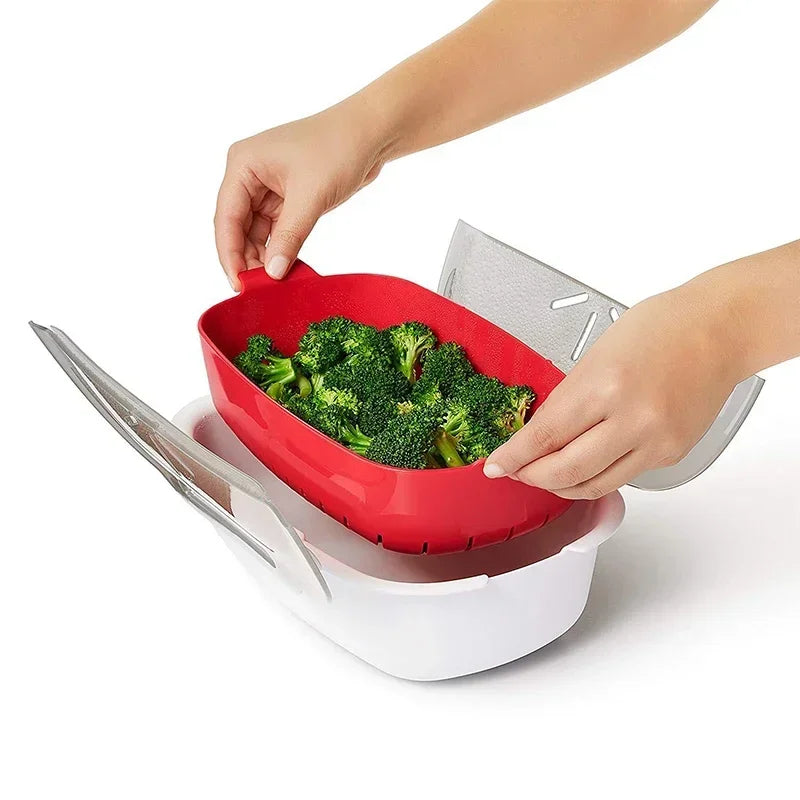 Microwave Food Steamer with Lid Large Capacity Plastic Steam Cooker for Vegetables Fish Dumplings and Buns – Red