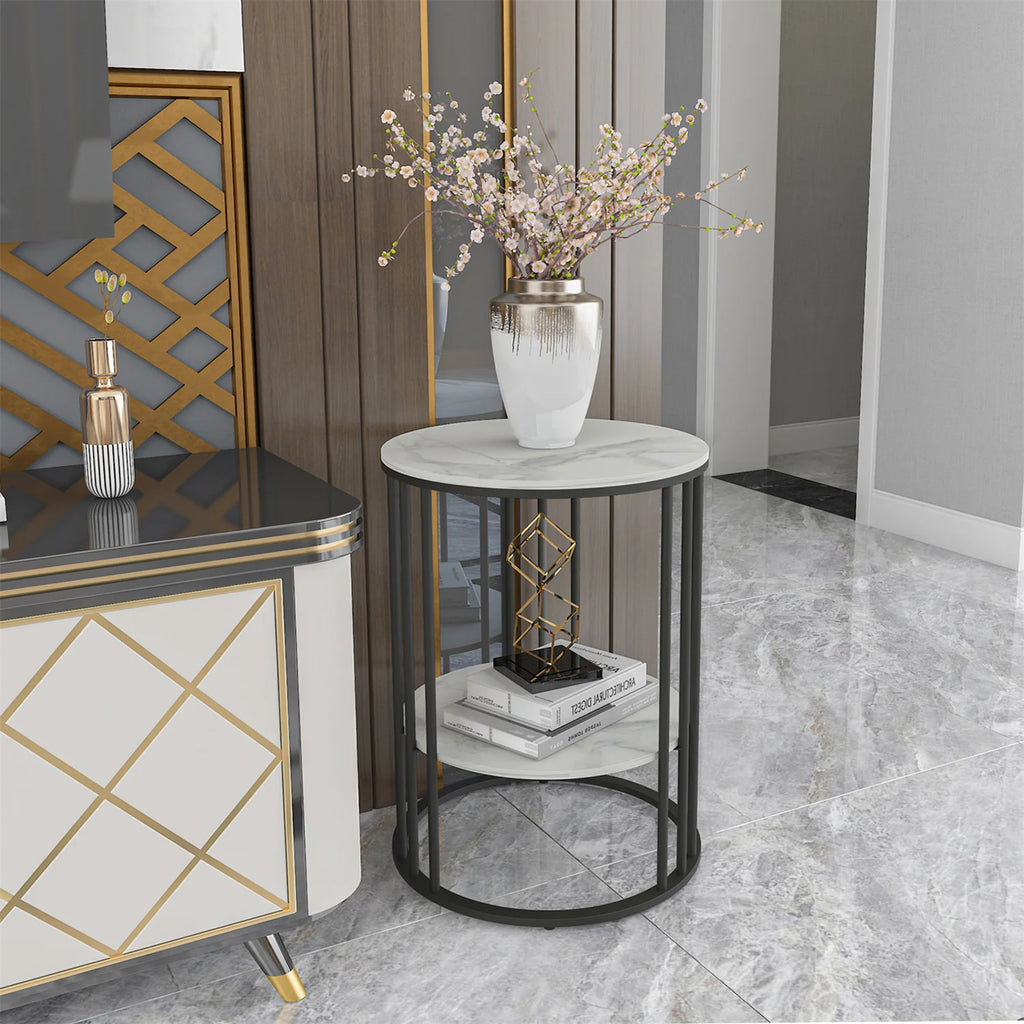 Side Table 2 Tier Sintered Stone Round Coffee Table with Storage - Black