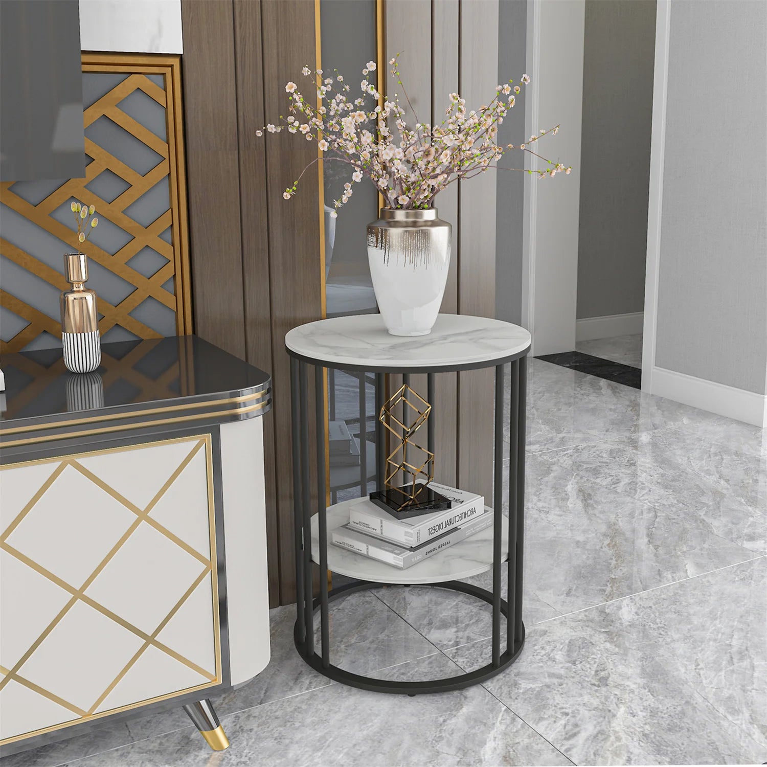 Side Table 2 Tier Sintered Stone Round Coffee Table with Storage - Black
