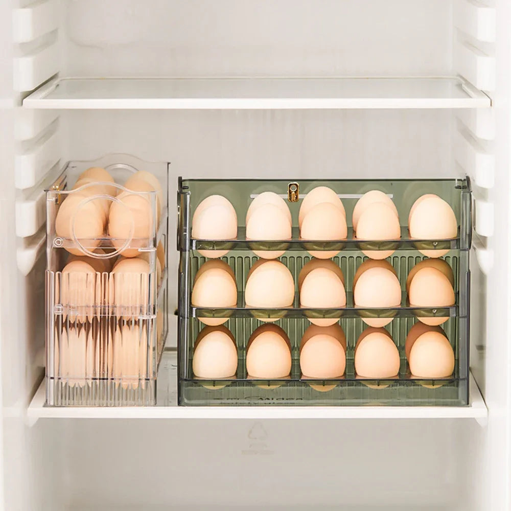 Egg Storage Container 30 Egg 3 Tier Flip Fridge Organiser Portable Date Dial Tray – Transparent