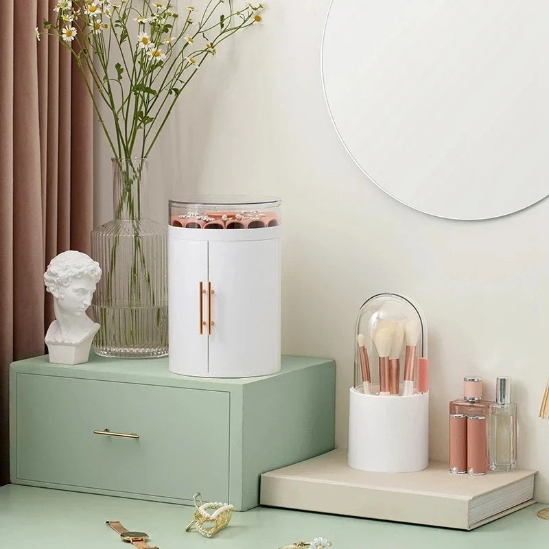 Rotating Jewelry Storage Box Desktop Organizer with Transparent Lid Multi-Layer Cosmetic and Accessories Holder – White
