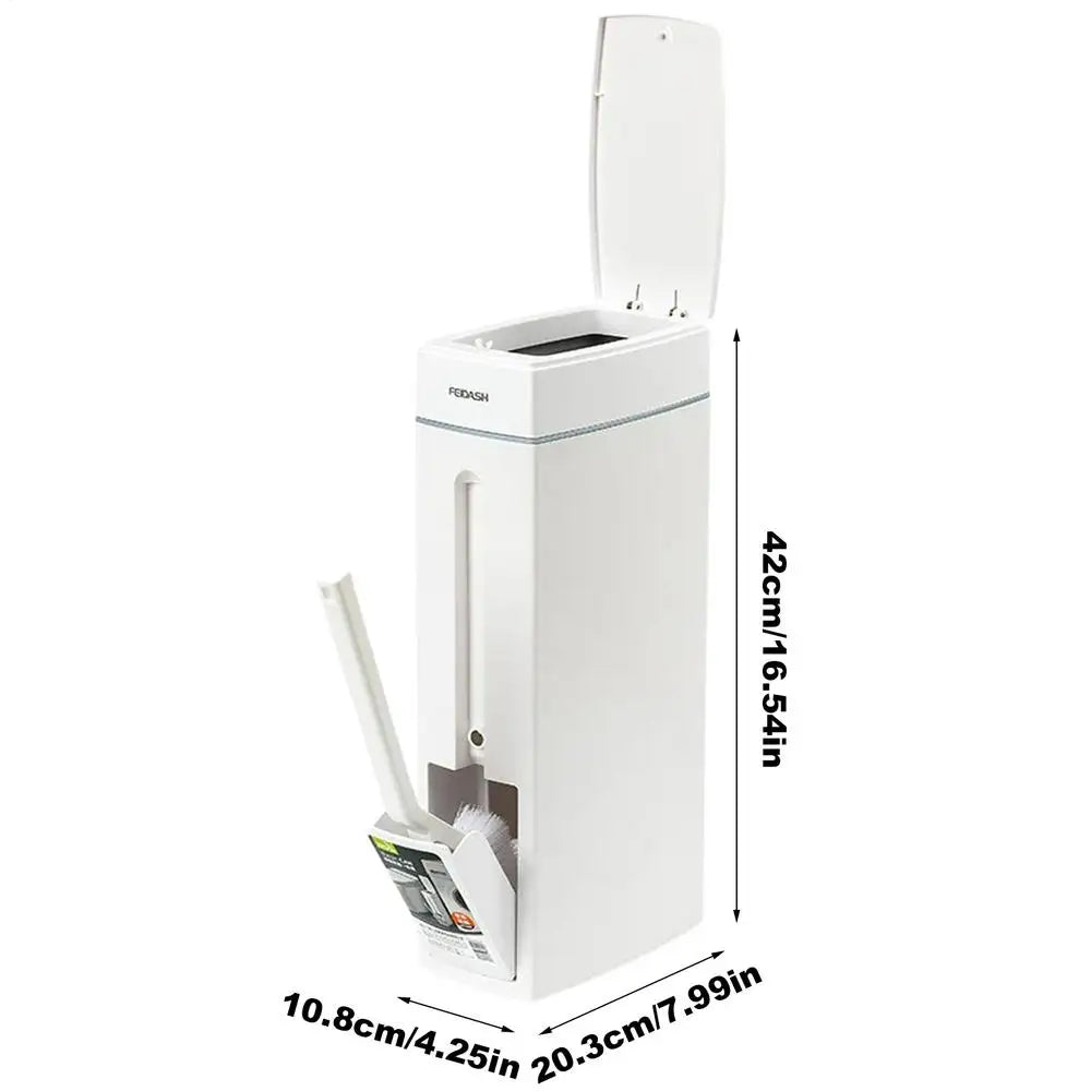 Bathroom Trash Can and Toilet Brush Combo 4.5L Slim Design with Lid Space Saving Set White