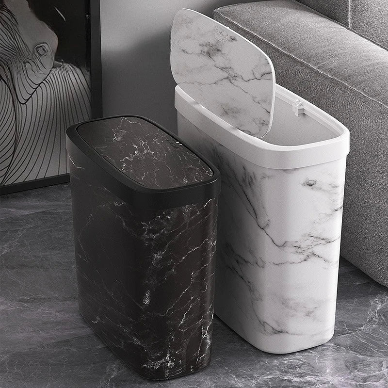 Slim Trash Can Wood Grain Design Swing Lid Compact Garbage Bin for Bathroom Kitchen Black