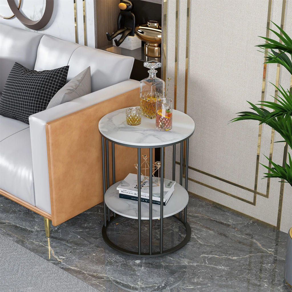 Side Table 2 Tier Sintered Stone Round Coffee Table with Storage - Black