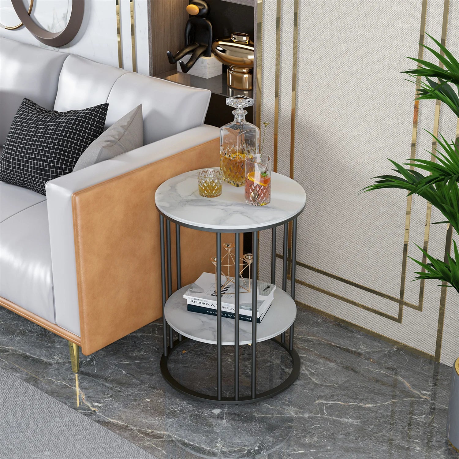 Side Table 2 Tier Sintered Stone Round Coffee Table with Storage - Black