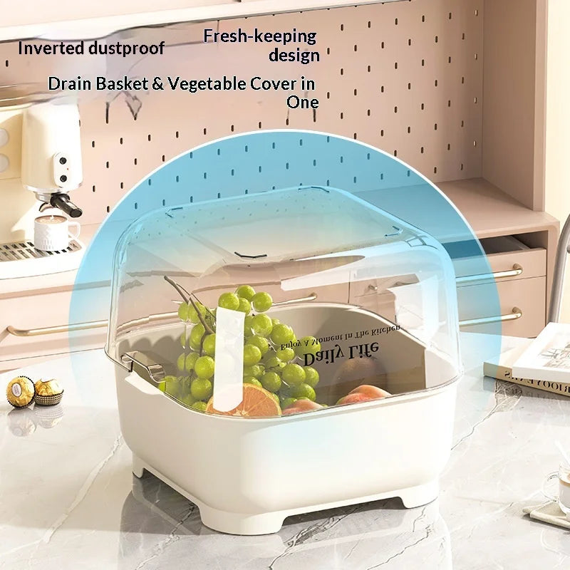 Double Layer Vegetable Wash Basin Colander Basket with Drainage Bowl – White