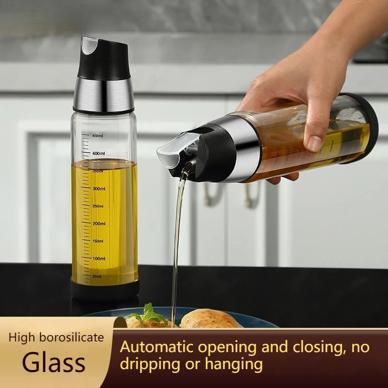 Oil Dispenser Bottle Heat Resistant Glass Automatic Pouring Leak Resistant 500mL Kitchen Jar - Black