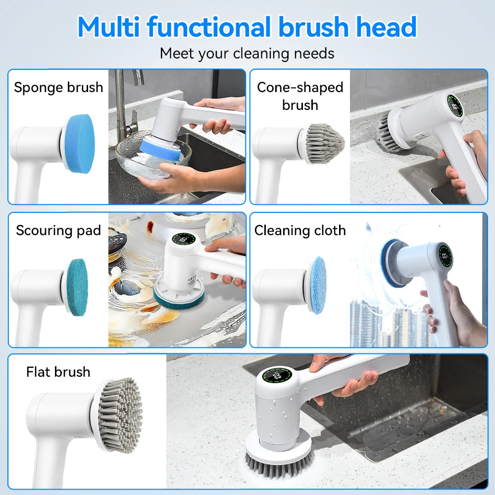 Electric Cleaning Brush 80W Cordless Spin Scrubber 5 Brush Heads IPX7 Waterproof Cleaner