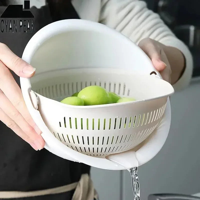 Rotating Double Layer Colander Bowl Fruit Vegetable Washing Drain Basket – White