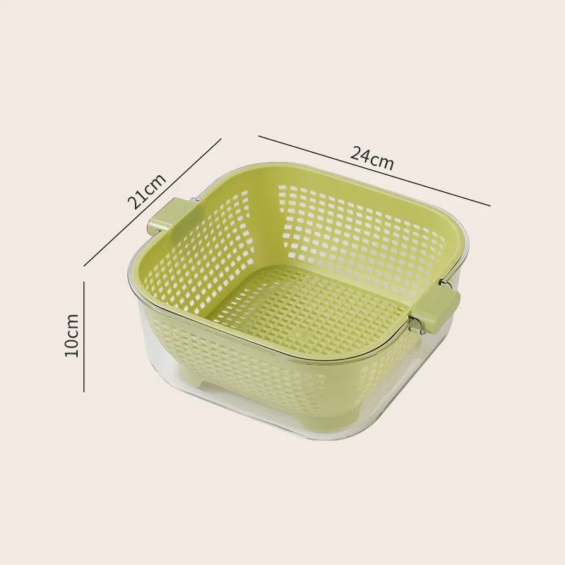 Kitchen Double Drain Wash Basket Large Capacity Fruit and Vegetable Washing Basin with Colander – Green