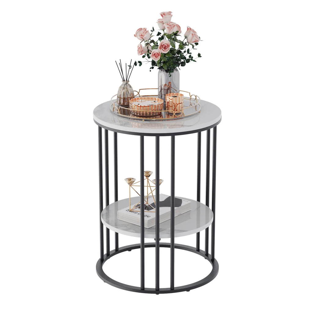Side Table 2 Tier Sintered Stone Round Coffee Table with Storage - Black