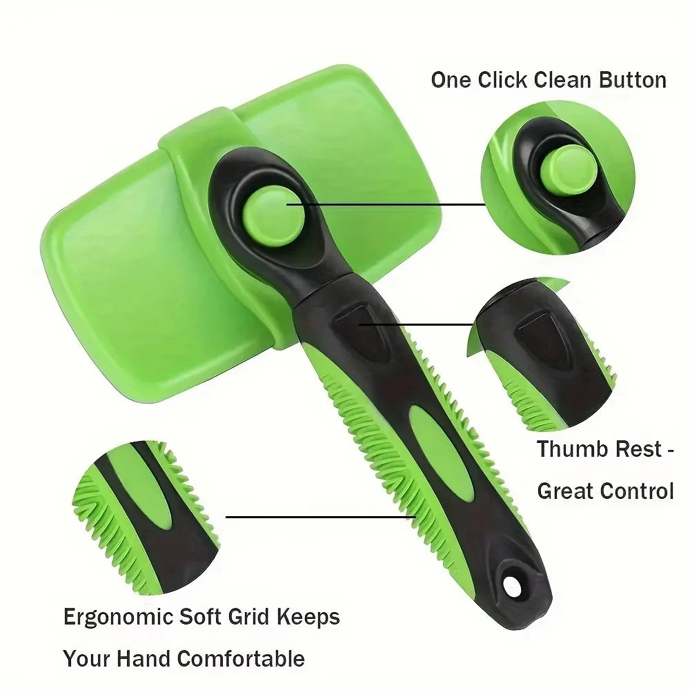 Pet Grooming Brush Self Cleaning Shedding Comb 60° Curved Bristles Ergonomic Handle - Green