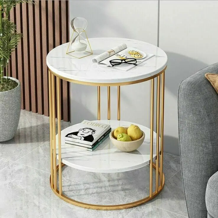 2-Tier Round Side Table with Marble-Style Top and Storage Shelf Gold and White