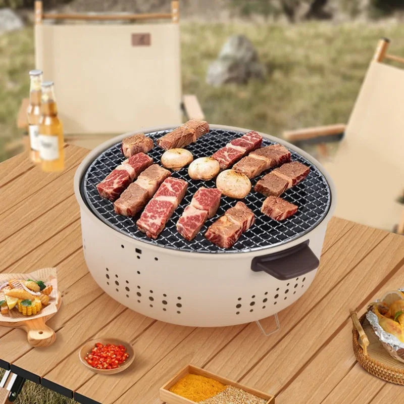 Portable Charcoal BBQ Grill 31cm Round Camping Barbecue Stove – Khaki