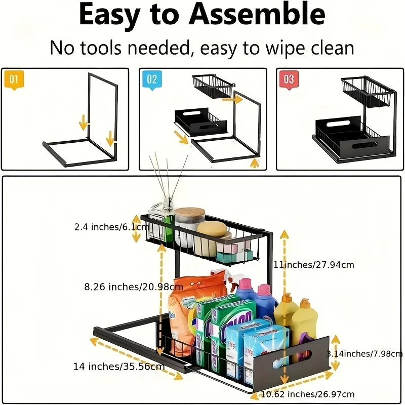 Storage Rack 2 Tier Sliding Under Sink Metal Cabinet Organiser - Black