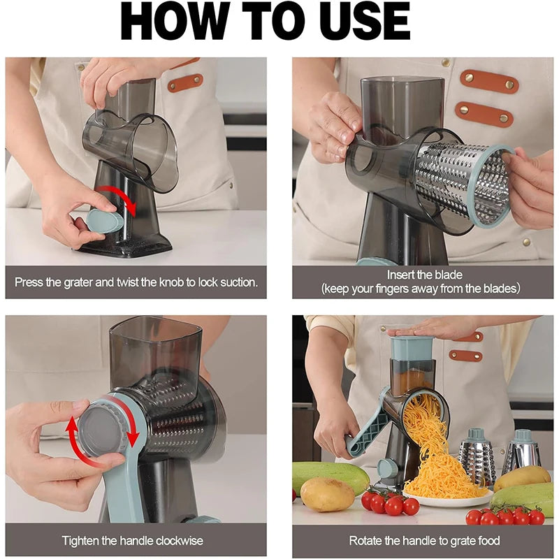3-in-1 Rotary Cheese Grater with Manual Handle and Interchangeable Drums – Blue
