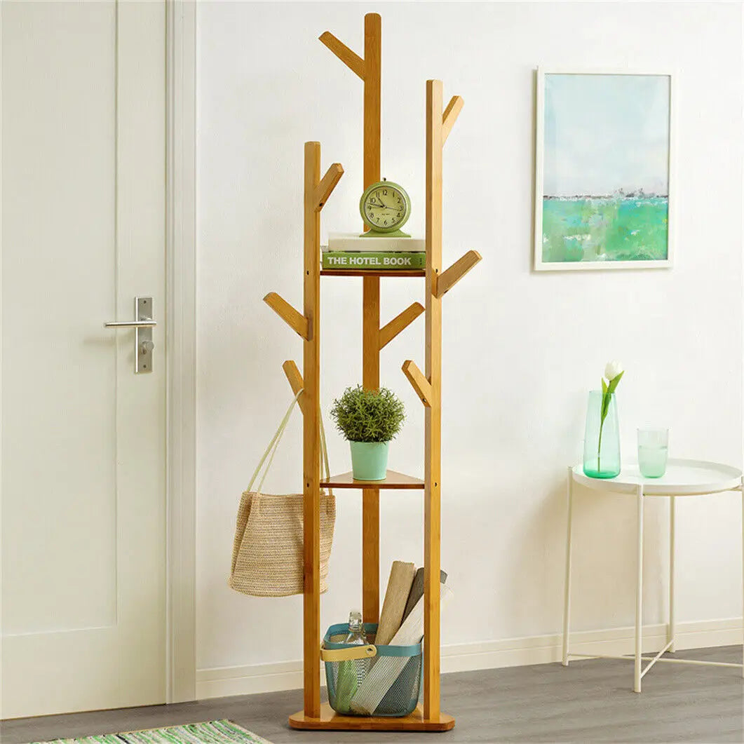 Bamboo Corner Coat Rack with Shelves Freestanding Clothes Hanger Tree Stand with 9 Hooks – Natural Wood