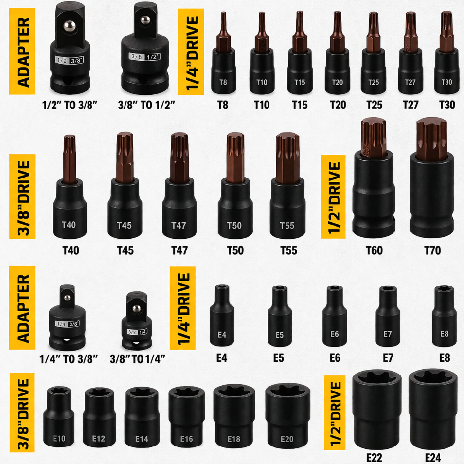 Torx Bit Socket Set 31PCS Heavy Duty CR-V & S2 Steel T8-T70 and E4-E24 Star Socket Tool Kit