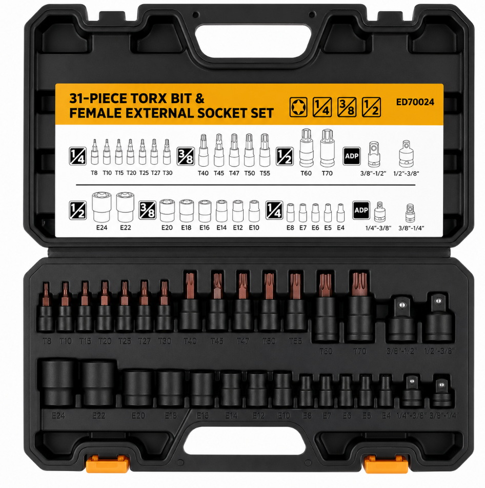Torx Bit Socket Set 31PCS Heavy Duty CR-V & S2 Steel T8-T70 and E4-E24 Star Socket Tool Kit
