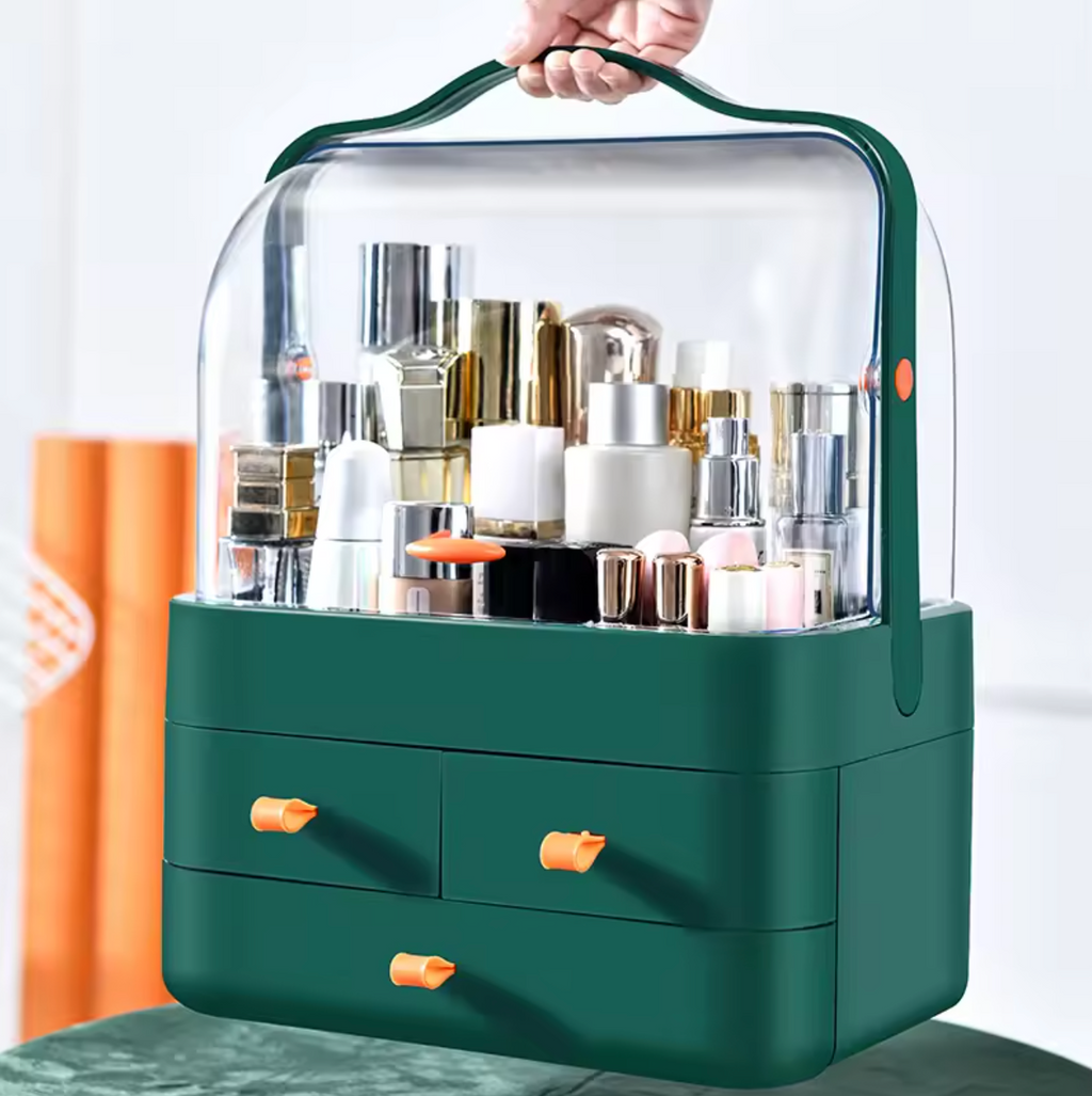 Portable Dust Proof Makeup Organizer Box with Drawers 34.7cm Desktop Storage Case - Green