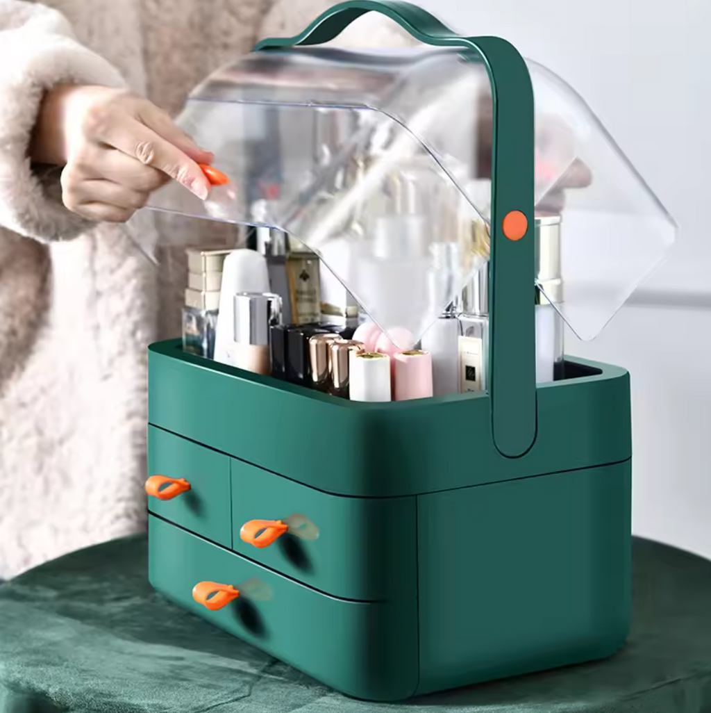 Portable Dust Proof Makeup Organizer Box with Drawers 34.7cm Desktop Storage Case - Green