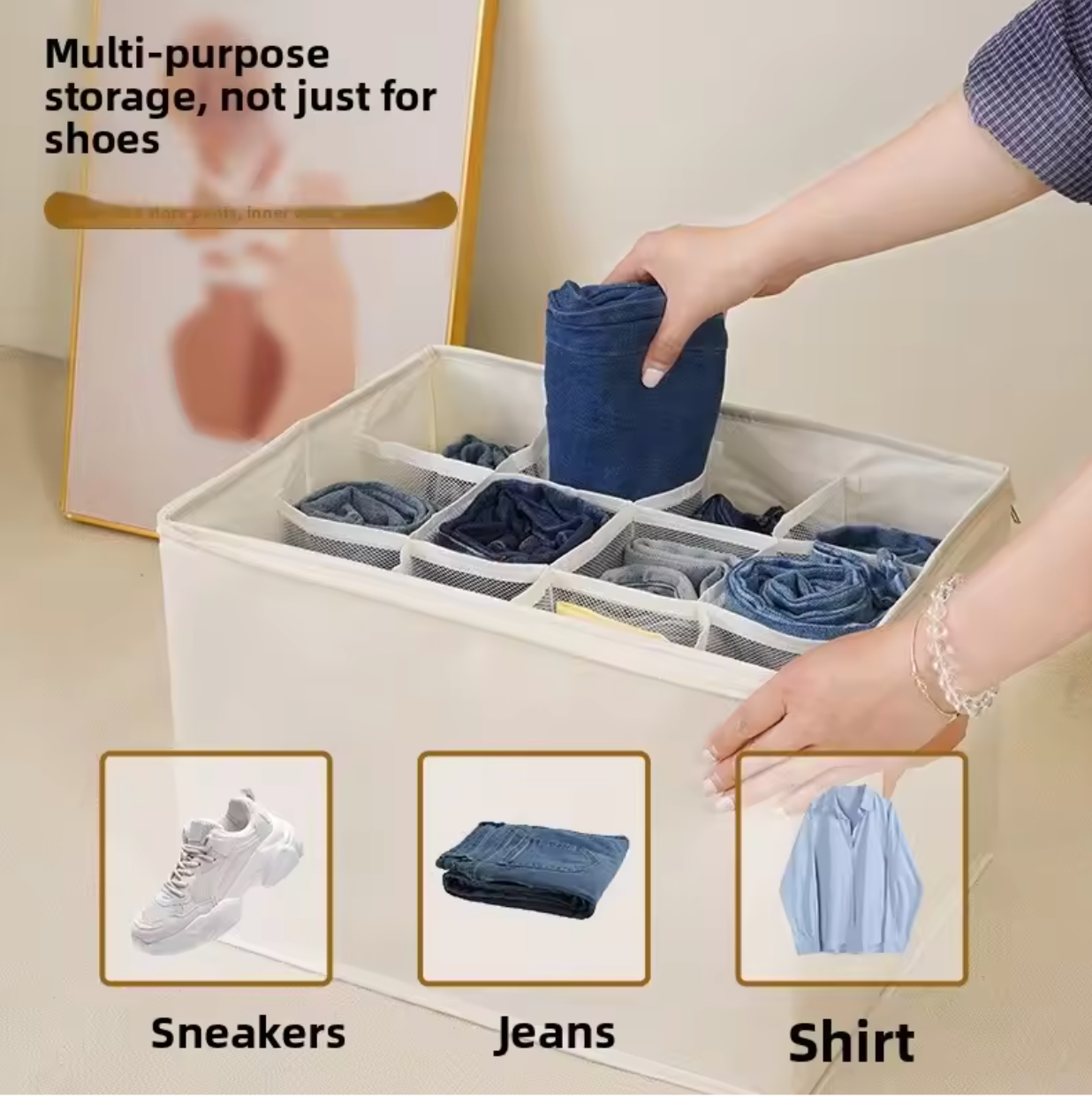 Foldable Grid Shoe Storage Organizer Box Portable Wardrobe Divider Non Woven Fabric 12 Compartment - Beige