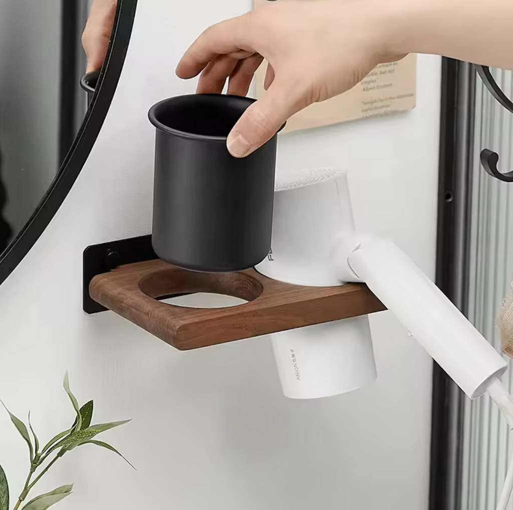 Portable Wall Mounted Hair Dryer Holder Wooden Bathroom Styling Tool Organizer - White