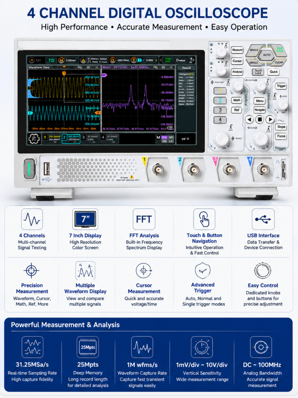 Digital Oscilloscope 100MHz 4 Channel 1.25GSa/s 25Mpts Touch Display Electrical Testing