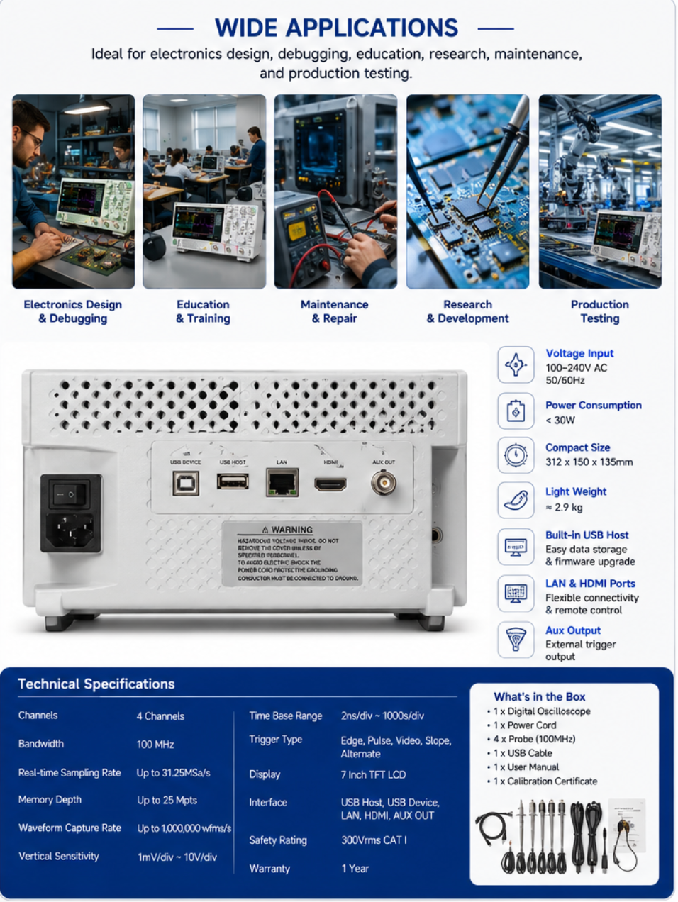 Digital Oscilloscope 100MHz 4 Channel 1.25GSa/s 25Mpts Touch Display Electrical Testing