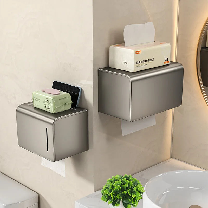 Large Waterproof Wall Mounted Toilet Paper Holder with Storage Shelf Aluminium Alloy Tissue Box – Black