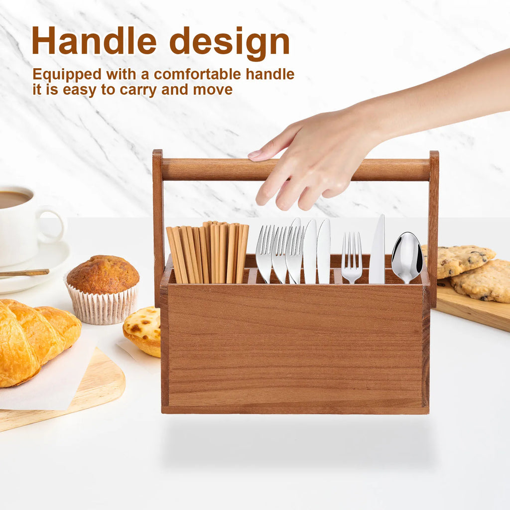 Wooden Utensil Holder 4 Compartments 23 cm Kitchen Storage Caddy with Carry Handle