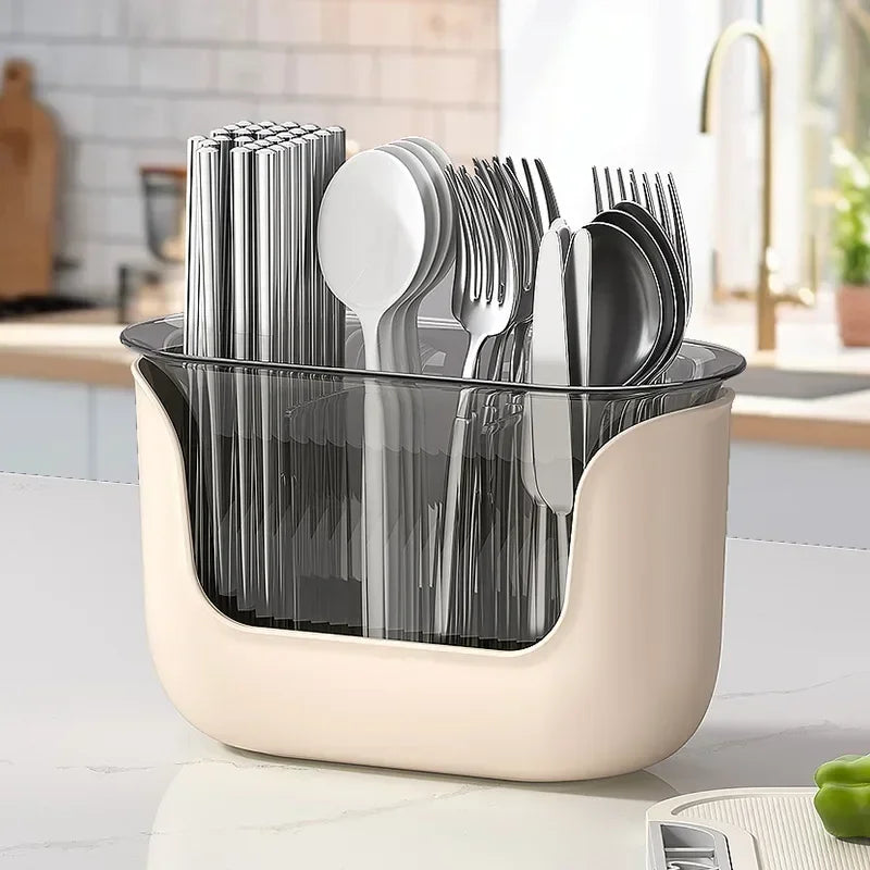 3-Compartment Cutlery Holder Plastic Chopstick Storage Basket With Drain Tray – Pink