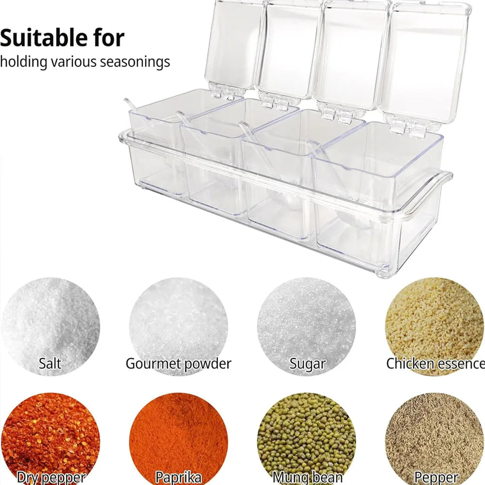4 Compartment Clear Seasoning Box Spice Storage Container with Lids and Spoons – Transparent