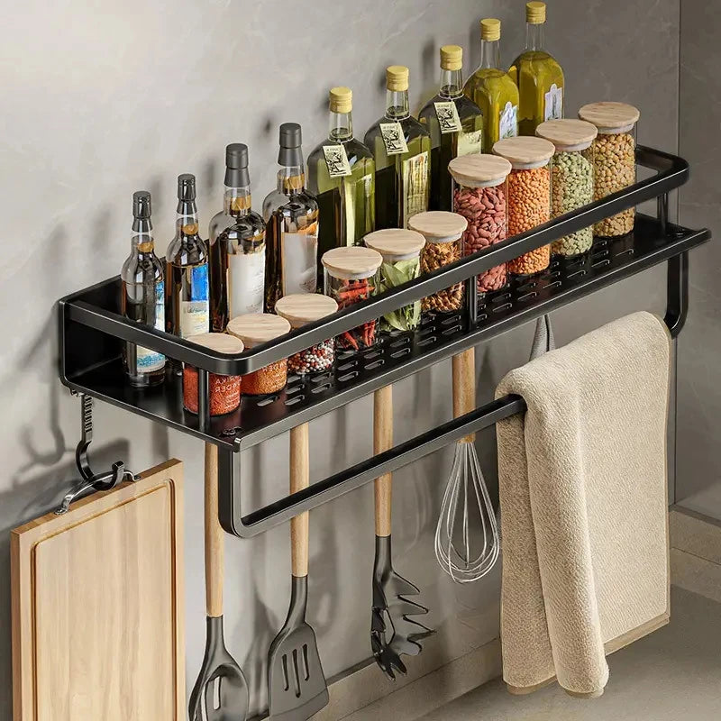 Wall Mounted Aluminum Kitchen Spice Rack with Hook Bar Storage Shelf Organizer – 30cm