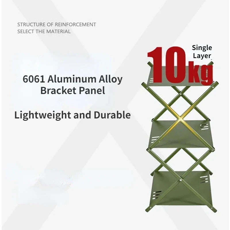 Folding 3-Tier Outdoor Storage Rack 45×35×65cm Portable Camping Shelf - Army Green
