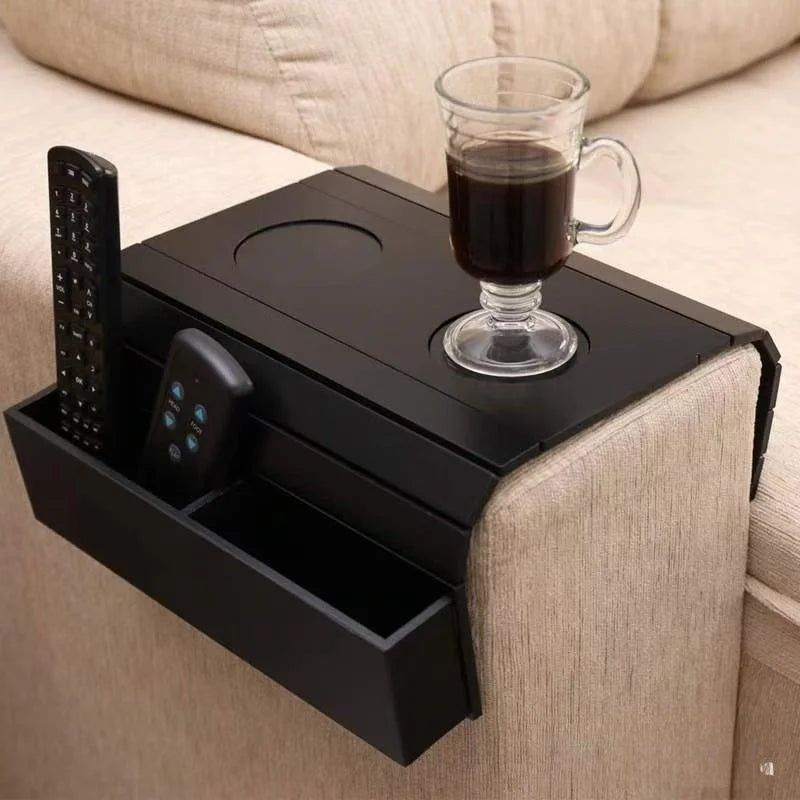 Couch Cup Tray Foldable Bamboo Sofa Armrest Organizer 49.5cm Space Saving Storage Tray - Black
