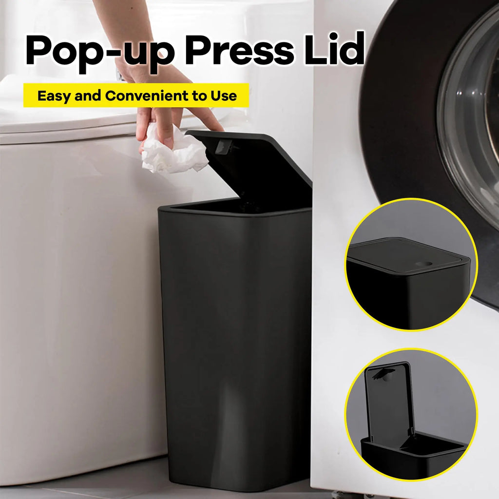Trash Can 10L Press Top Lid Slim Rectangular Plastic Waste Bin Bathroom Bedroom - White