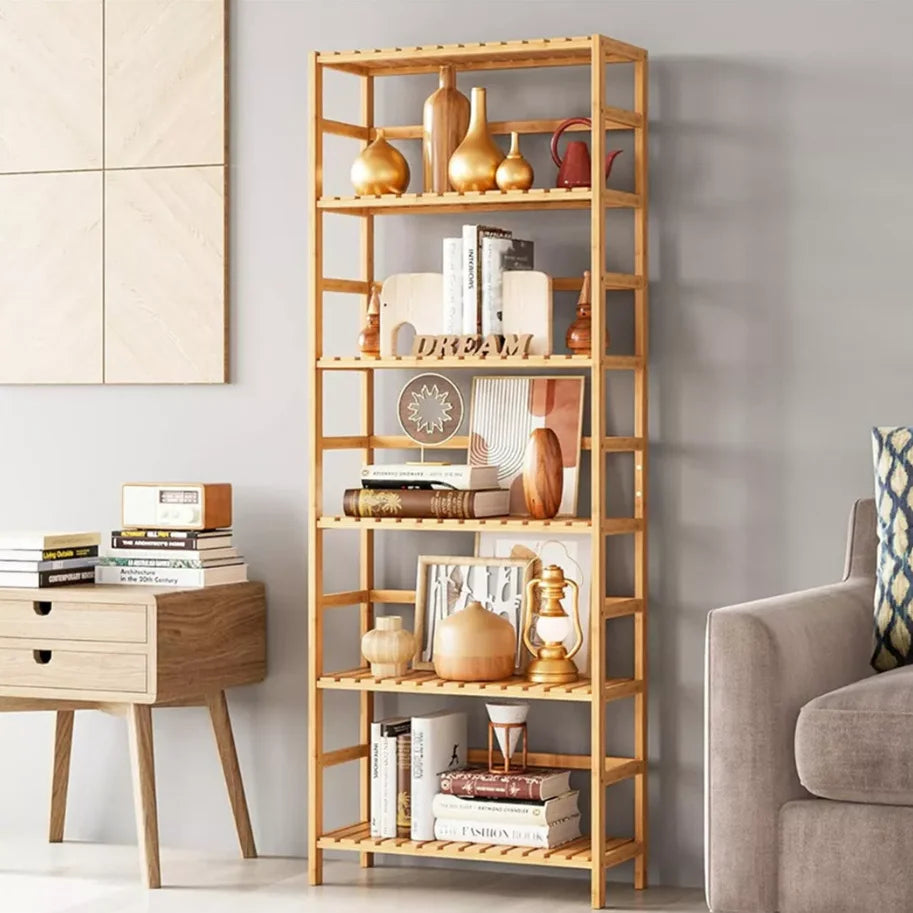 6 Tier Bamboo Storage Shelf Freestanding Bookcase Adjustable Shelving Unit for Living Room Bathroom and Kitchen – Natural Wood