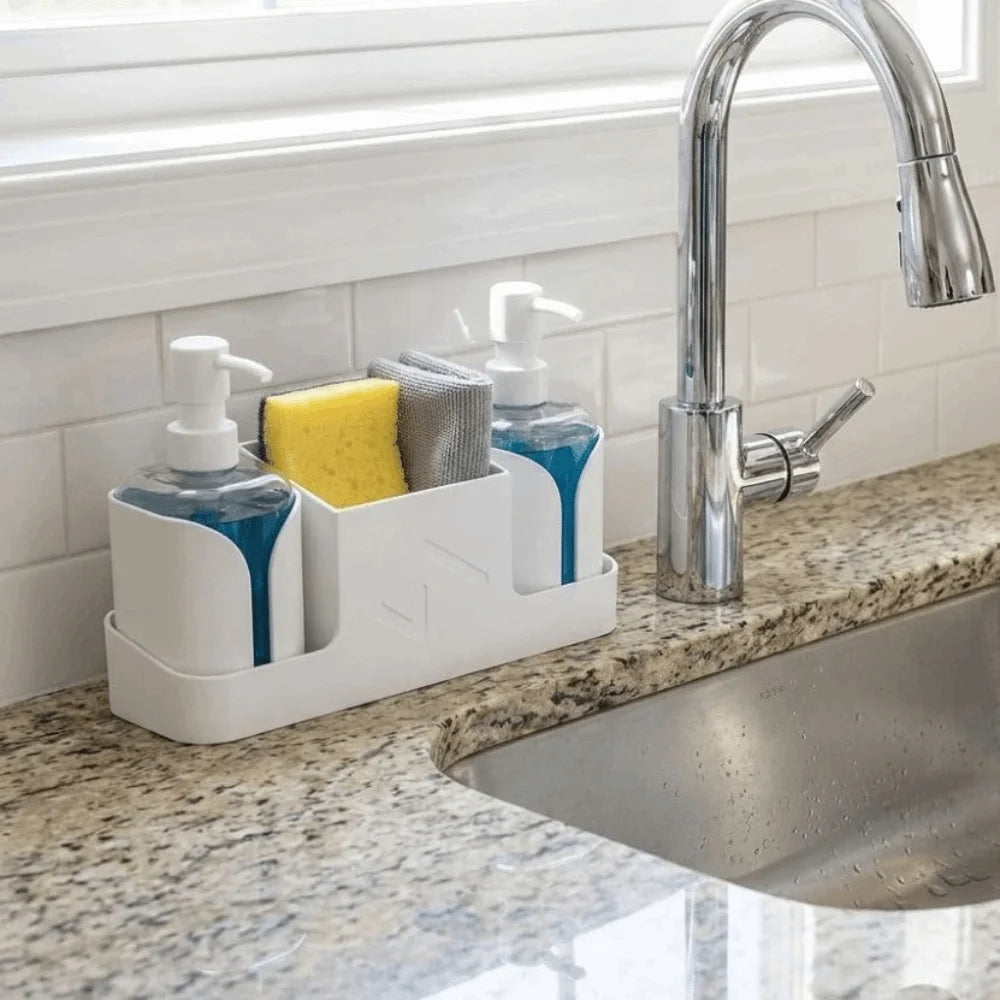 2 in 1 Kitchen Soap Dispenser with Sponge Holder Refillable Sink Caddy and Storage Tray – Black