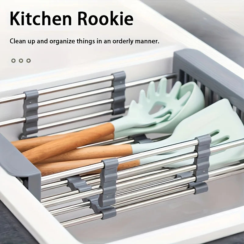 2025 Stainless Steel Extendable Sink Drying Rack – Adjustable Kitchen Drain Basket for Dish/Fruit Organizing Storage Tool - Small