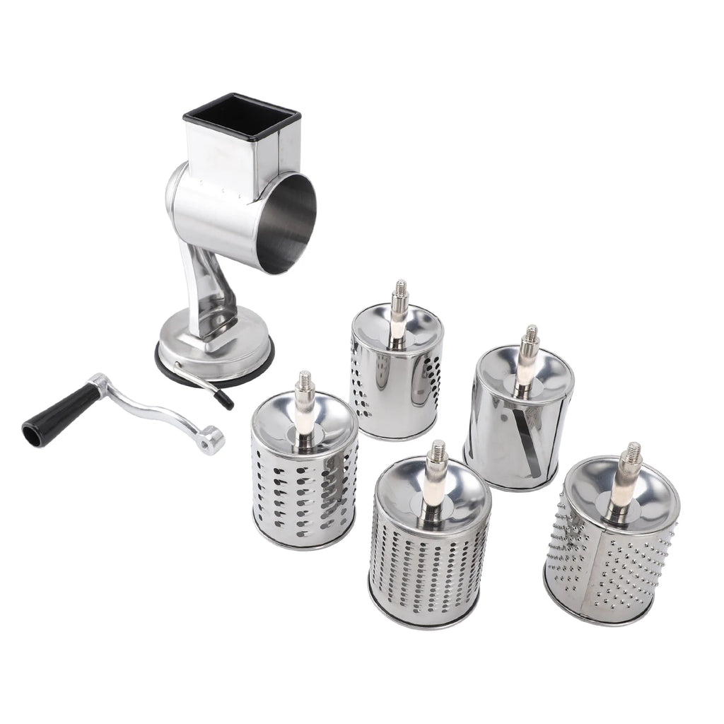 Manual Cheese Grater Stainless Steel Hand Crank Shredder with 5 Blades - Silver