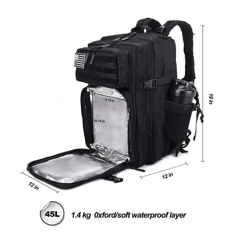 Meal Prep Backpack 45L Insulated Tactical Gym Travel Bag - Black