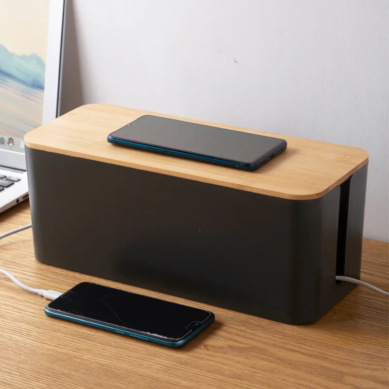 Cable Management Box 32cm Bamboo Lid Wire Organiser Power Board Storage Container - Black