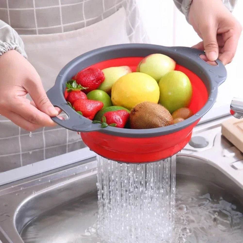 Collapsible Silicone Colander Foldable Fruit Vegetable Drain Basket 30cm Kitchen Strainer – Green