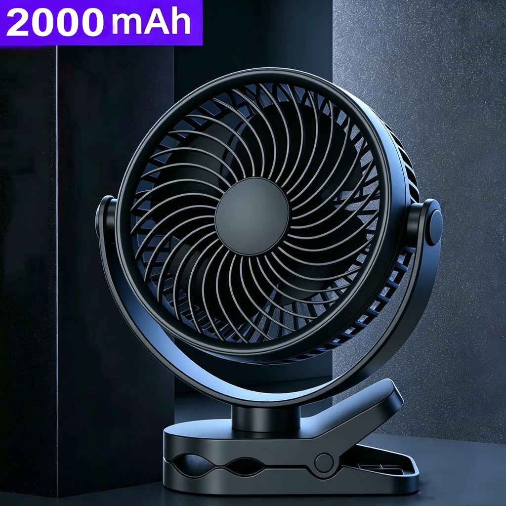 Mini Clip Fan USB Rechargeable 3 Speed Portable Desk Fan 360° Rotation - Black