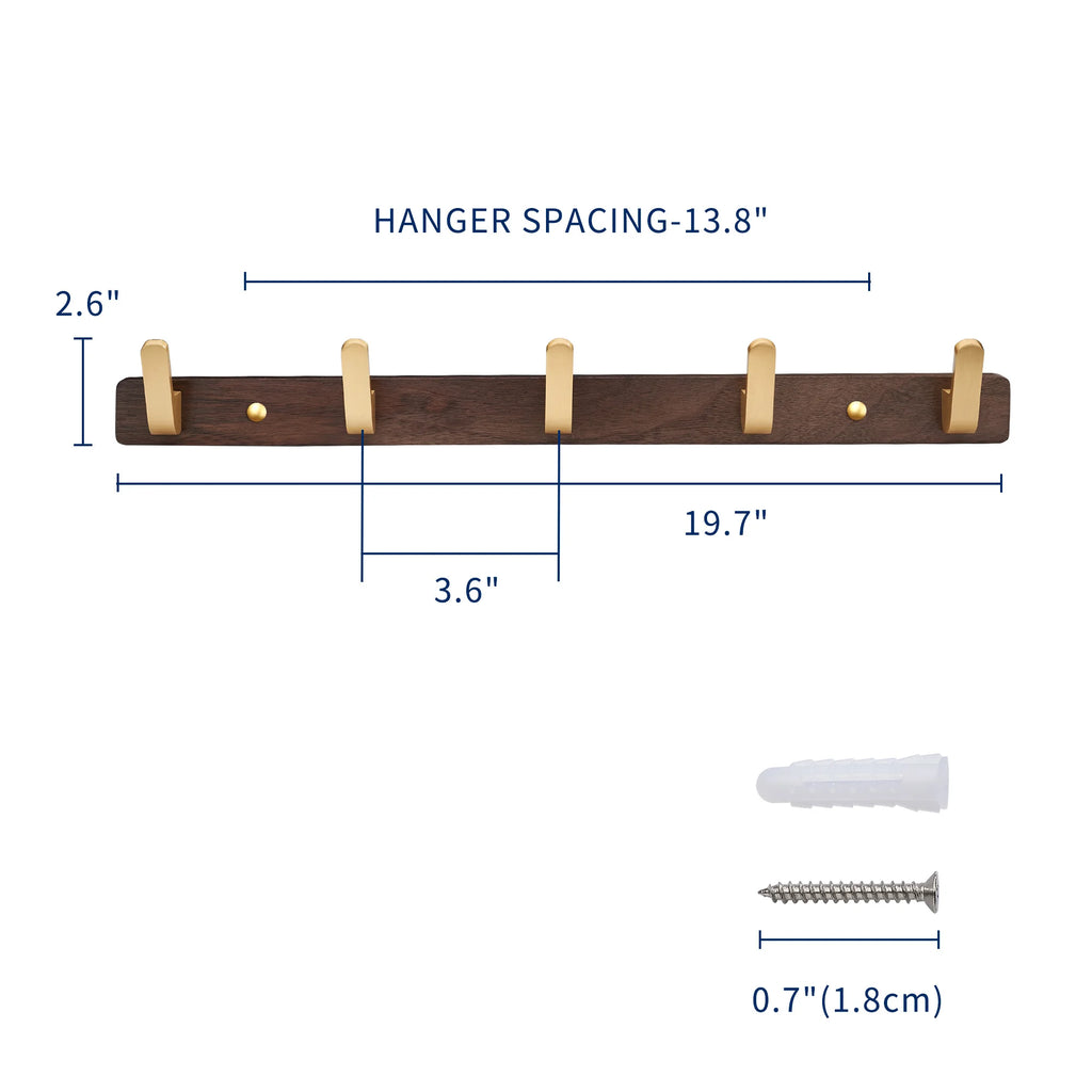 Walnut Wood Wall Coat Rack with 5 Gold Hooks Vintage Wall Mounted Towel and Key Holder