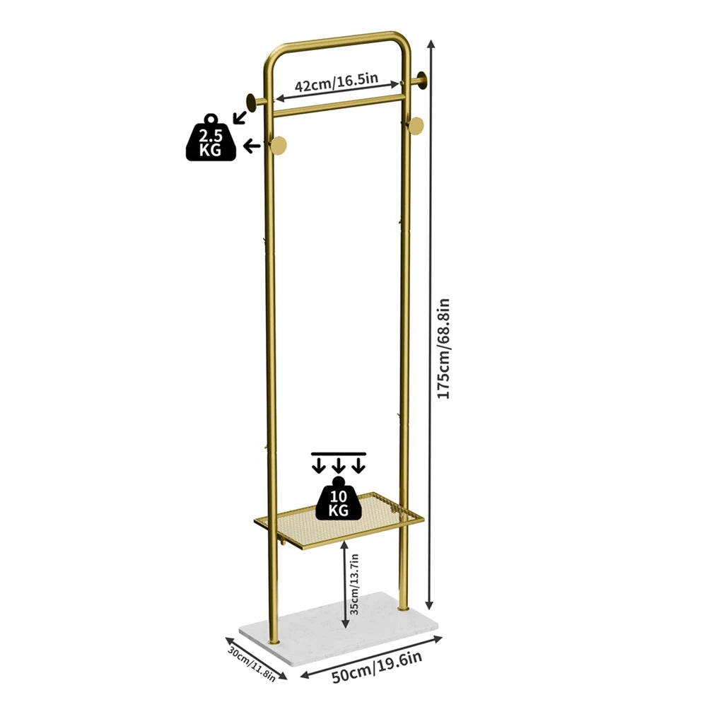 Coat Rack Stand 175cm Metal Corner Hall Tree with Marble Base 4 Hooks 2 Tier Shelf - Gold